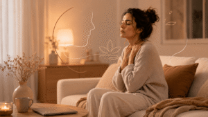 Femme assise sur un canapé, les mains près du cou, illustrant un corps qui reste tendu même au repos après une période de stress.