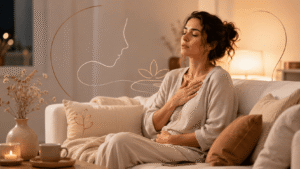 Femme assise dans un salon apaisant, main posée sur le cœur et le ventre, illustrant la difficulté à se détendre quand le corps reste sous tension.