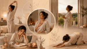 Collage bien-être montrant différentes façons de relâcher les tensions du corps : mouvement doux, respiration, écriture, pause et retour au calme.