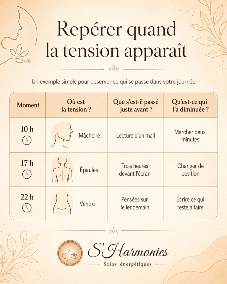 Infographie S’Harmonies pour observer quand la tension apparaît dans la journée : mâchoire après la lecture d’un mail, épaules après plusieurs heures devant l’écran et ventre avec les pensées du lendemain.