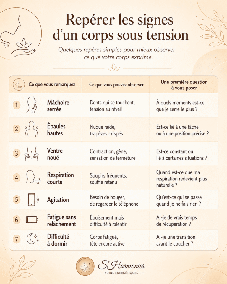 Infographie S’Harmonies pour repérer les signes d’un corps sous tension : mâchoire serrée, épaules hautes, ventre noué, respiration courte, agitation, fatigue sans relâchement et difficulté à dormir.