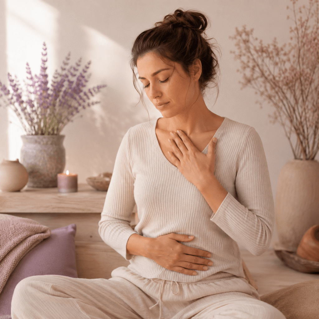 Femme qui ressent le stress dans le corps au niveau de la poitrine et du ventre