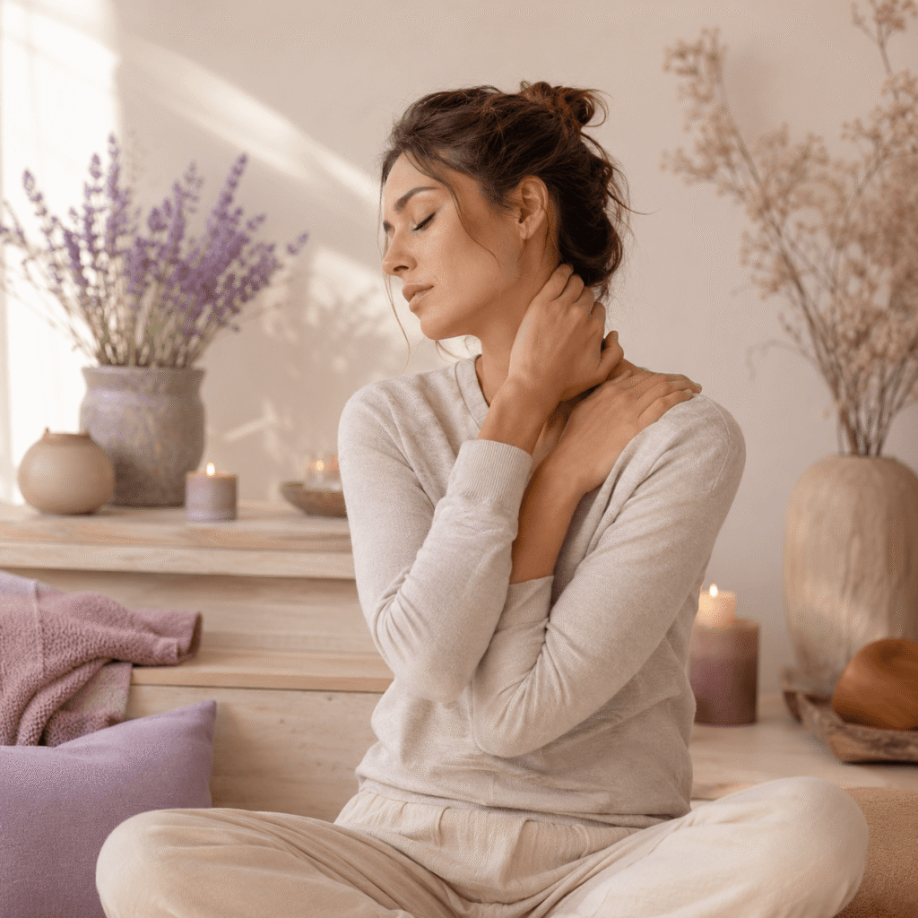 Femme se massant la nuque pour soulager des tensions musculaires liées au stress